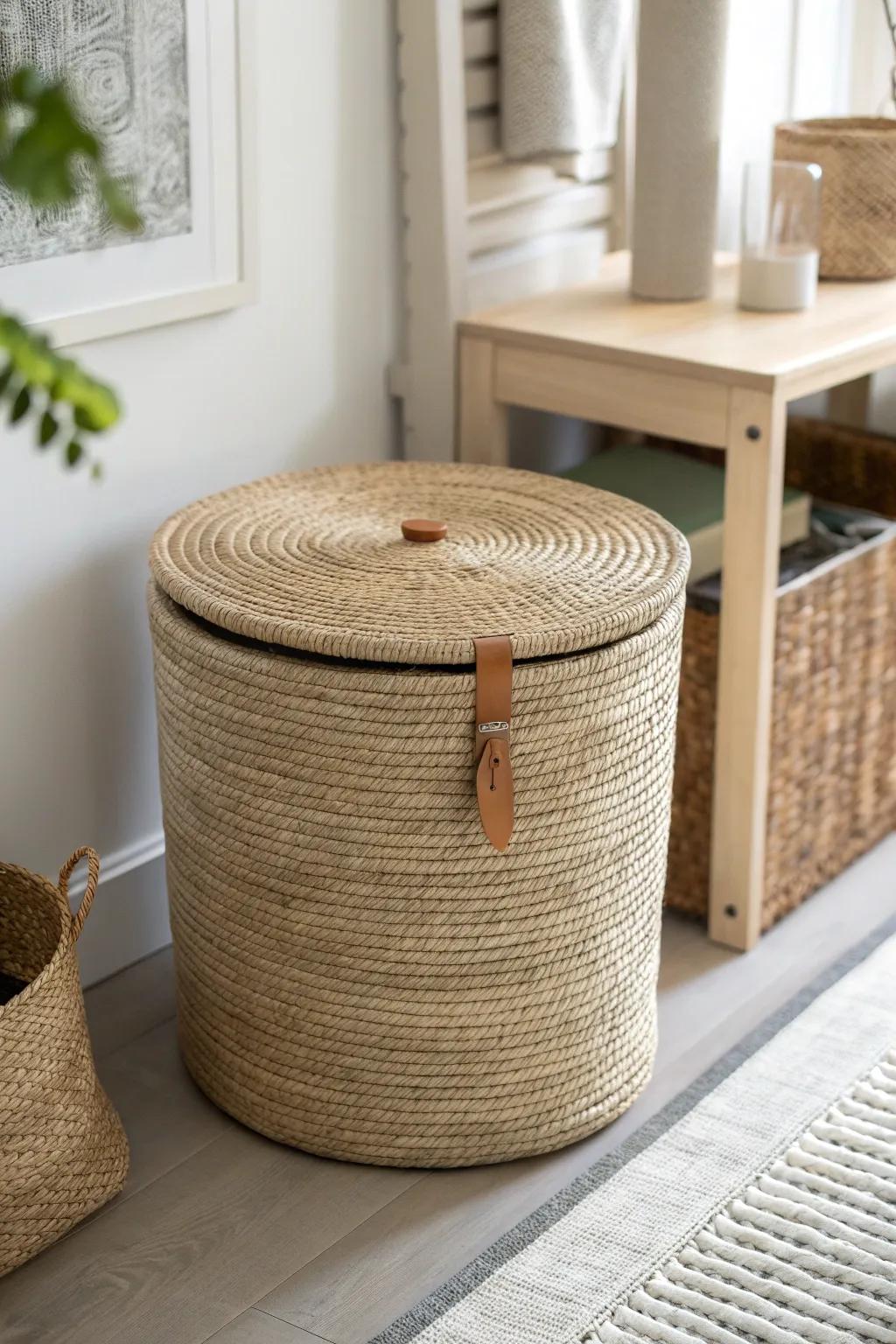 A chic lidded bin that hides toys now—and stores files later in a modern flex room.