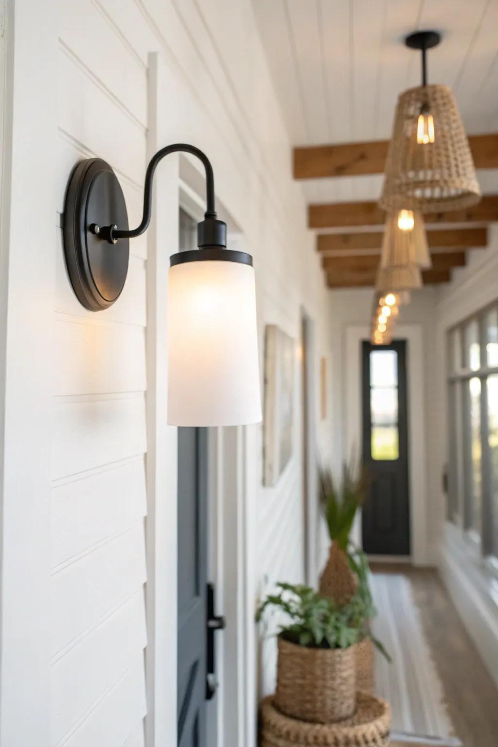 Matte black sconce on a white hallway wall for crisp contrast and a modern, intentional look.