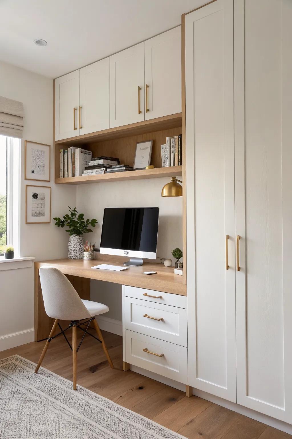 Built-in storage frames the desk for a calm, custom look—everything messy stays neatly hidden.