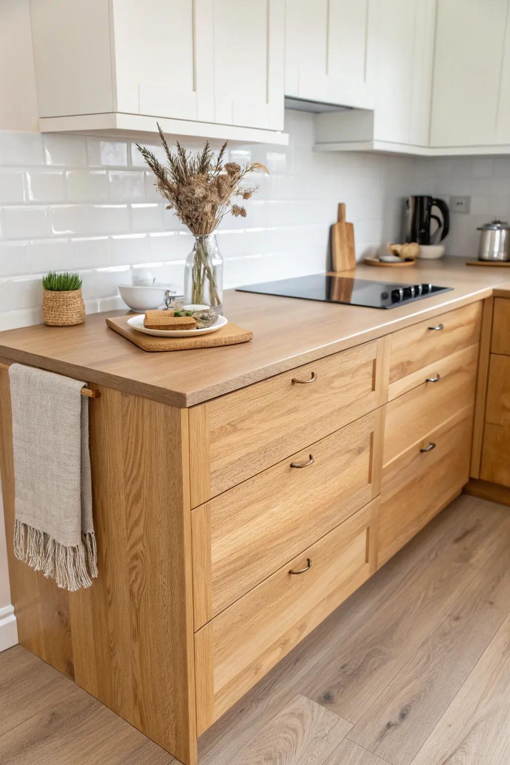 An L-shaped counter creates a cozy work triangle—and a clear passing lane in tiny kitchens.