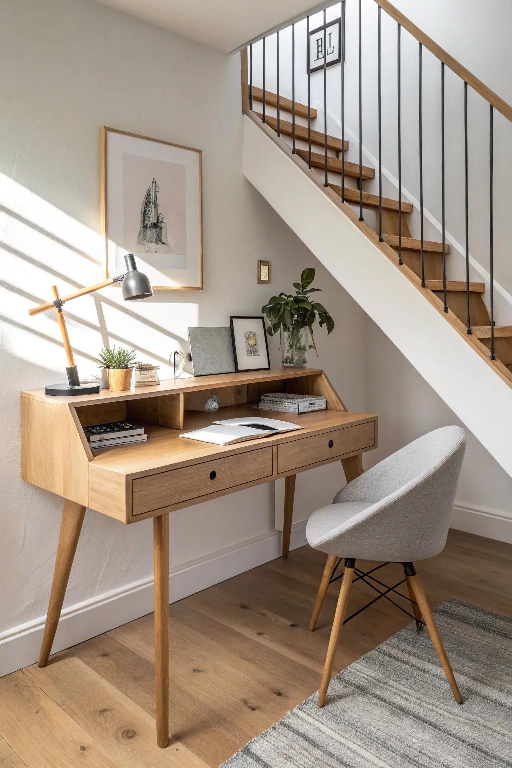 Floating oak desk under the stairs: airy home office nook with minimal, boho warmth.