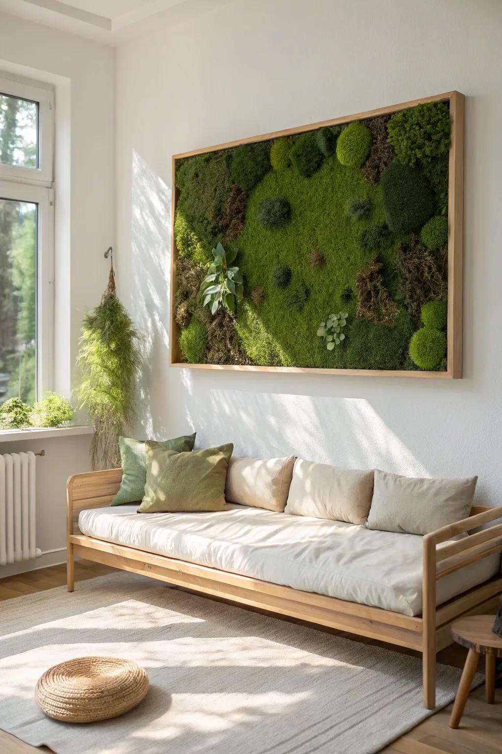 A long horizontal moss strip above a daybed instantly stretches the wall and feels custom.