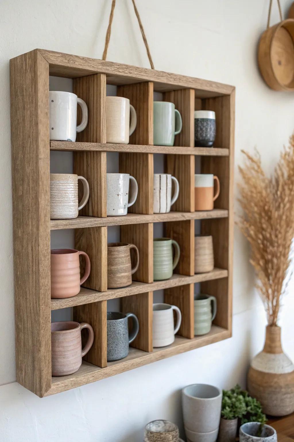 Grid cubby shelf keeps every mug framed, tidy, and tangle-free—perfect for small-space style.