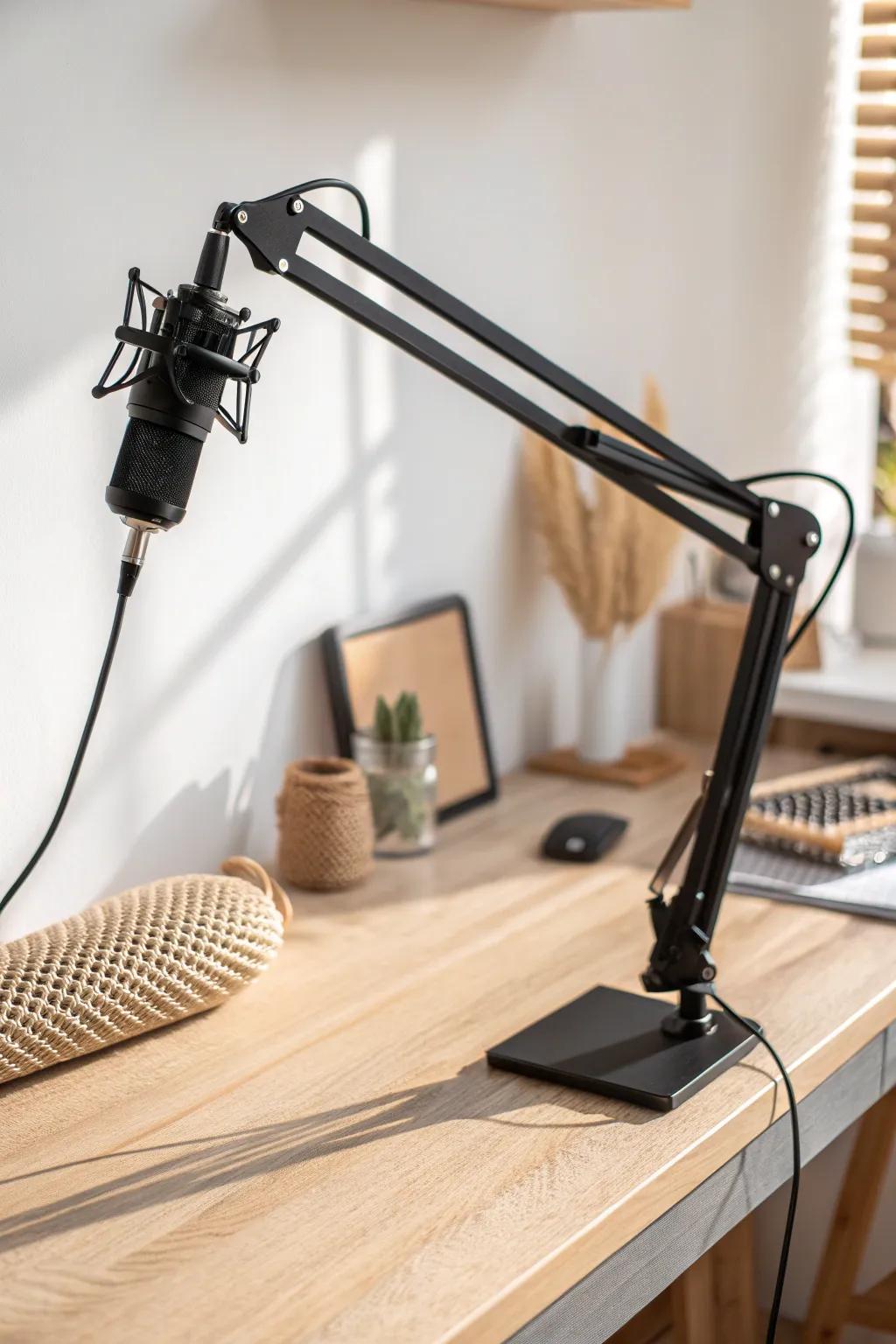 A clamp-on mic arm saves floor space—swing it out to record, tuck it away to edit.