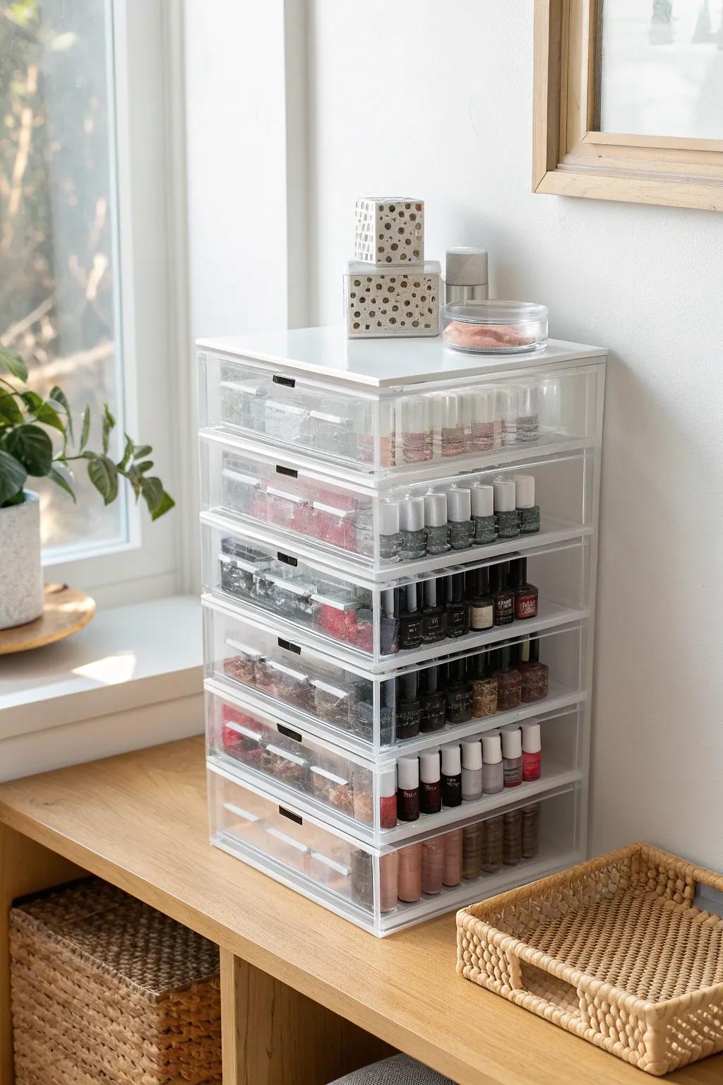 Stackable clear shoe boxes = the prettiest polish library for small-space storage.