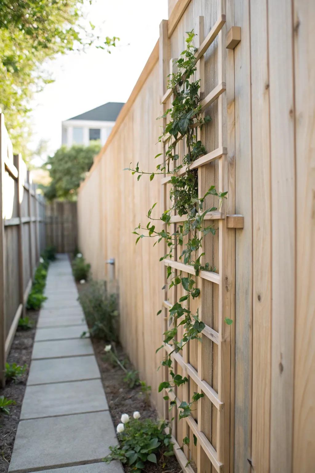 Turn a narrow garden wall into a lush green backdrop with a simple trellis and climbers.