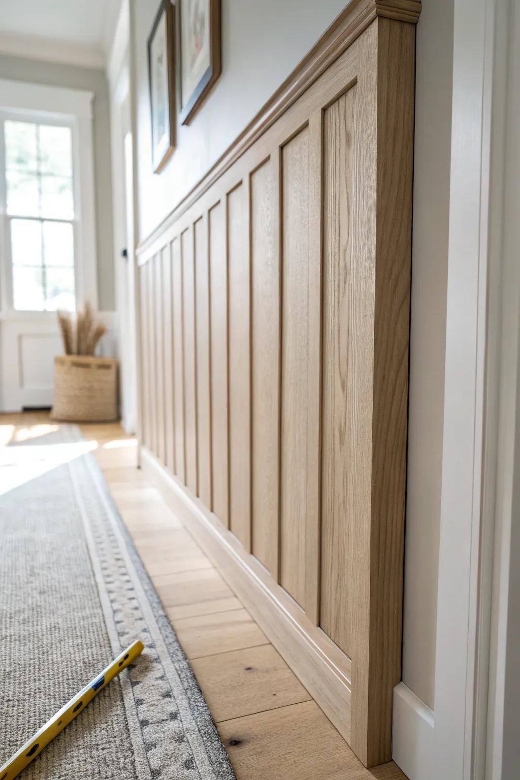 Wainscoting adds instant design to a narrow hallway—texture, contrast, and zero bulk.