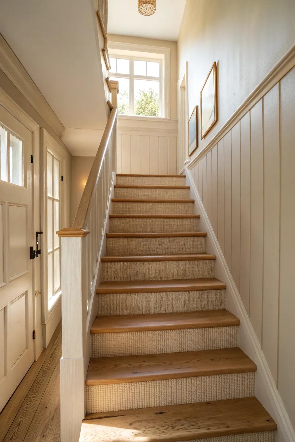 Light warm paint turns a narrow stairwell brighter and cozier—minimal, airy, inviting.