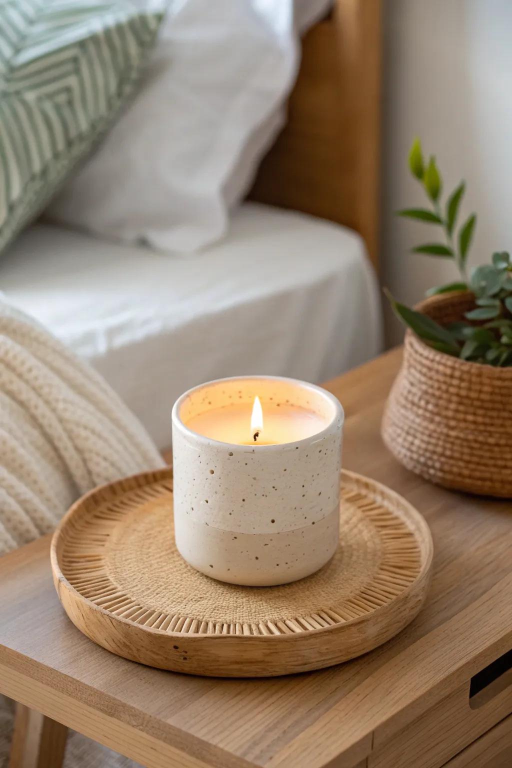 One scented candle turns a tiny nightstand into a calm, cozy wind-down ritual.