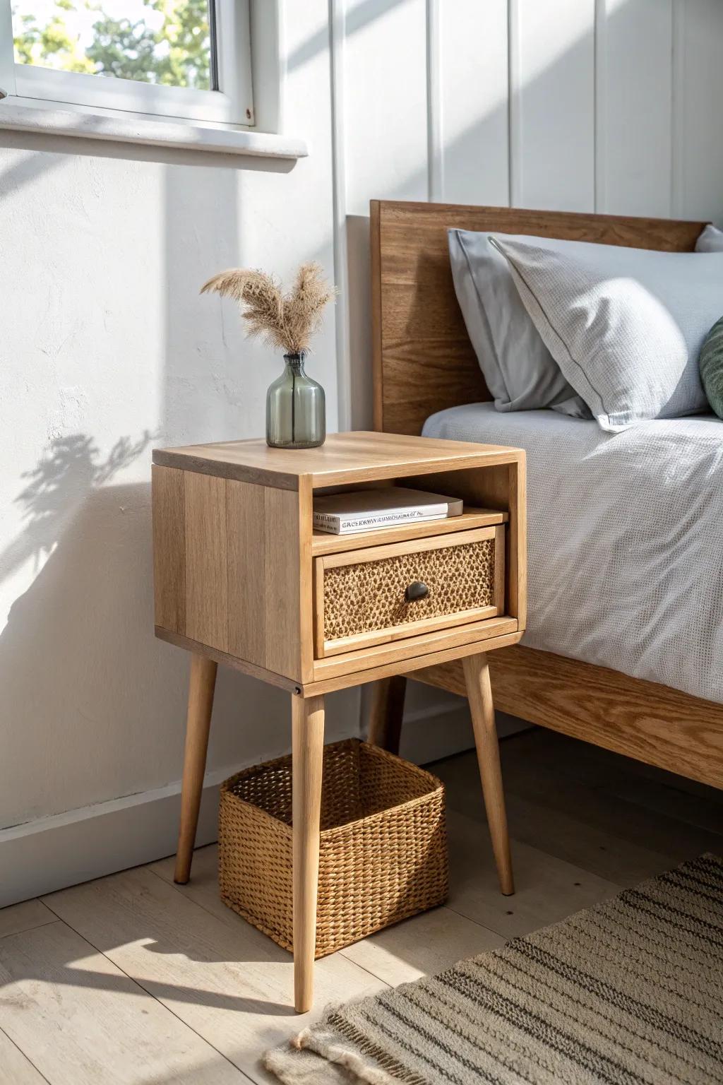 Open-leg nightstand: airy, slim, and perfect for stashing a low bin underneath in tiny bedrooms.