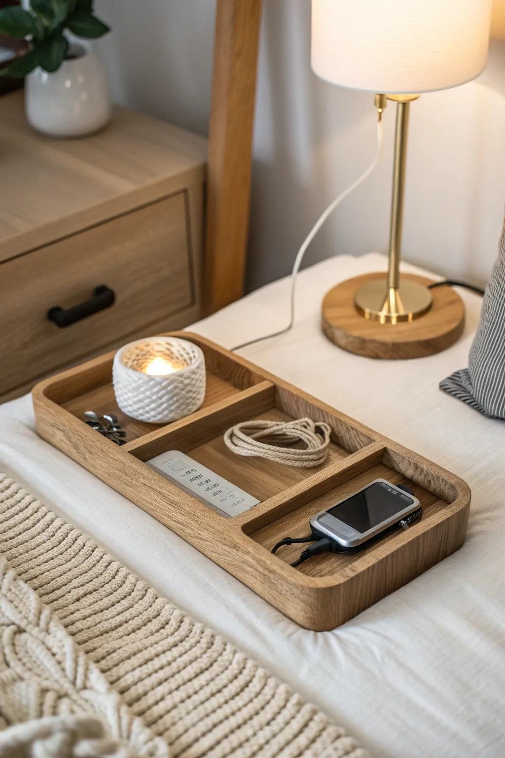 A simple oak cable corral keeps chargers coiled, tidy, and tangle-free on your nightstand.