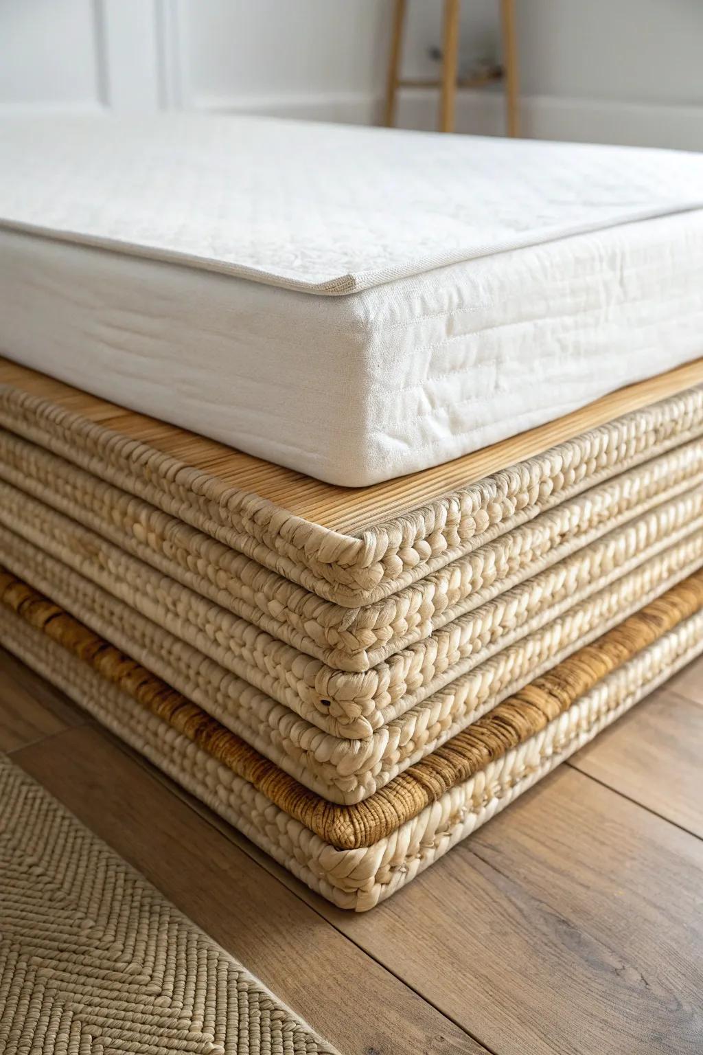 Woven mats under a floor mattress—airy texture and ventilation for a calm, frame‑free nook.