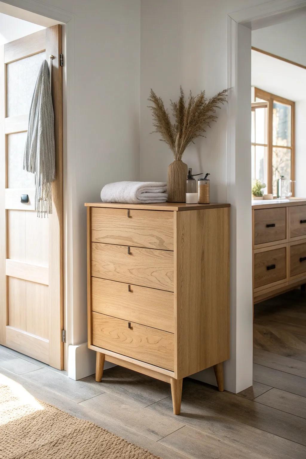 A slim hallway dresser adds hidden towel storage and a beautiful drop-zone for daily essentials.