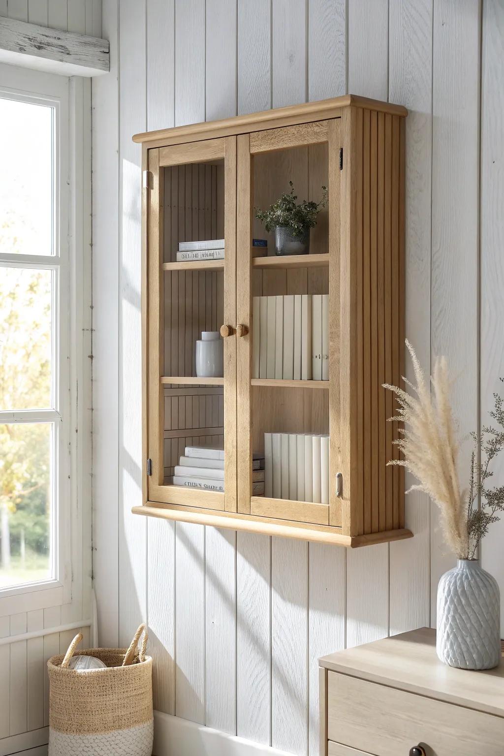 Glass-front upper cabinets keep a tiny office wall light, airy, and beautifully organized.