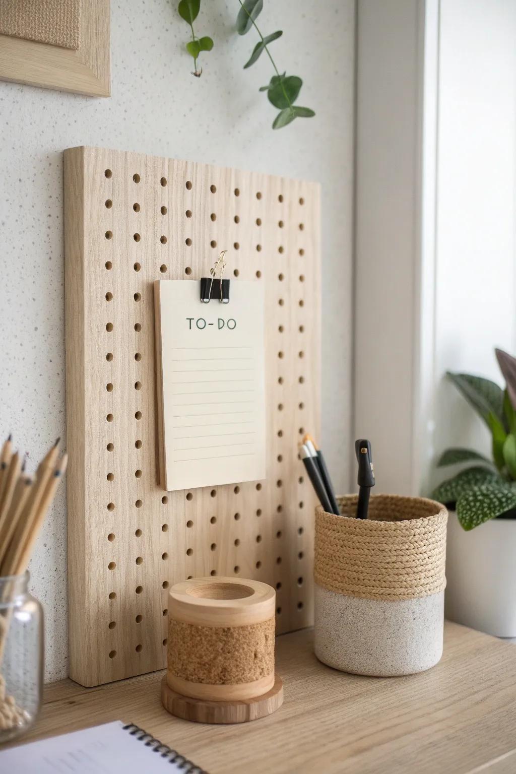 A simple pegboard to-do strip: notepad + pen in one spot for calm, focused work.