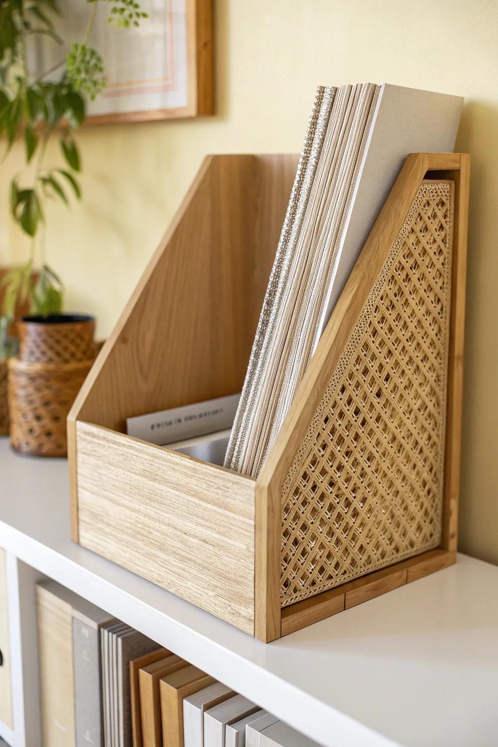 Magazine files keep notebooks upright, tidy, and beautifully organized—no more floppy piles.