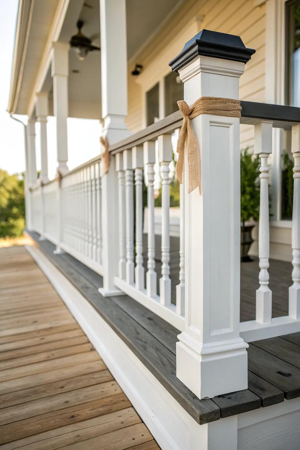 Crisp contrast paint on railings + trim makes an old porch look sharp and timeless.