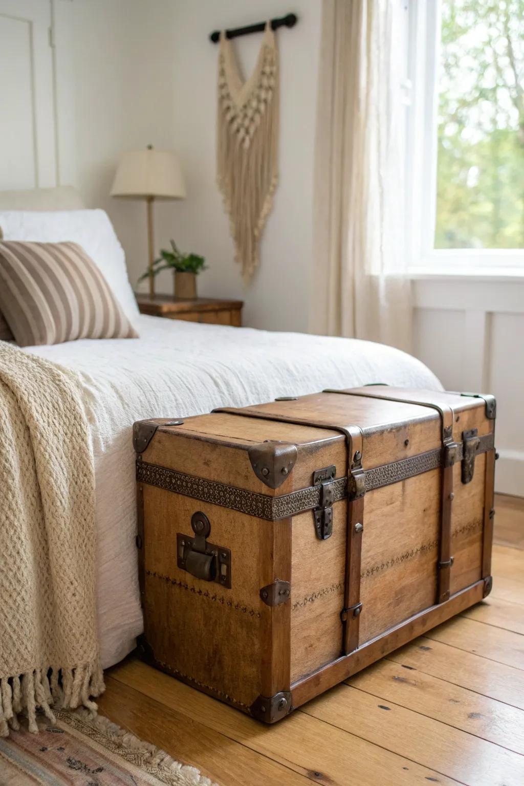 An old trunk at the foot of the bed adds hidden storage and instant cozy character.