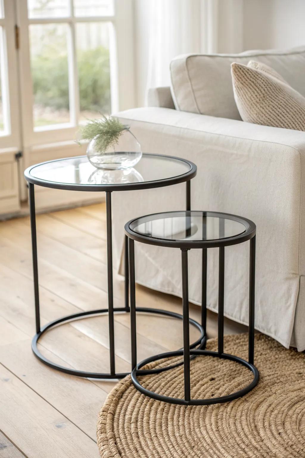 Airy nesting tables add flexible surfaces without crowding your one-bedroom living room.