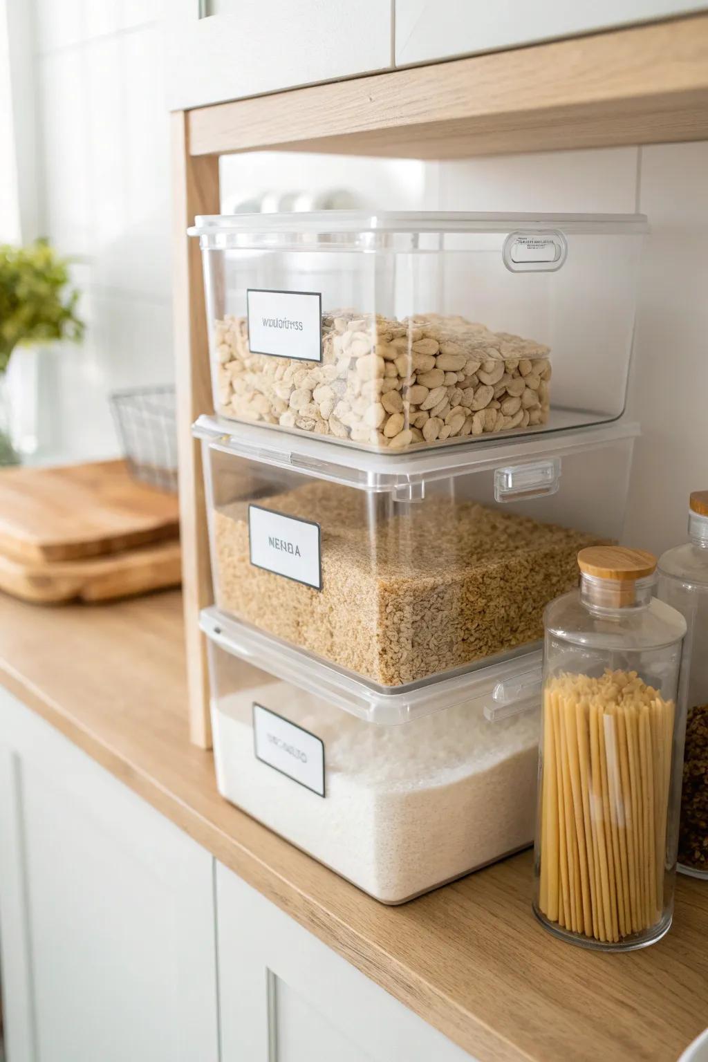 Clear bins turn backstock into pull-out drawers—tidy, visible, and space-smart in your open pantry.