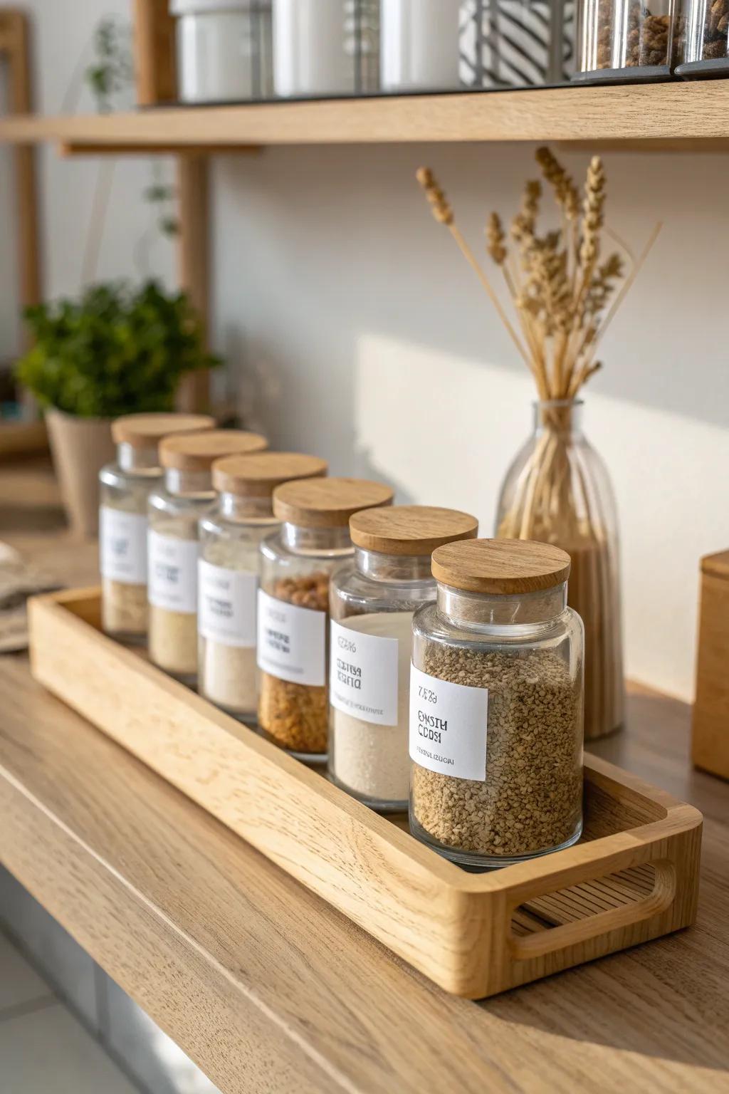 Tiered risers turn open pantry spices into a tidy mini market aisle—every label visible.