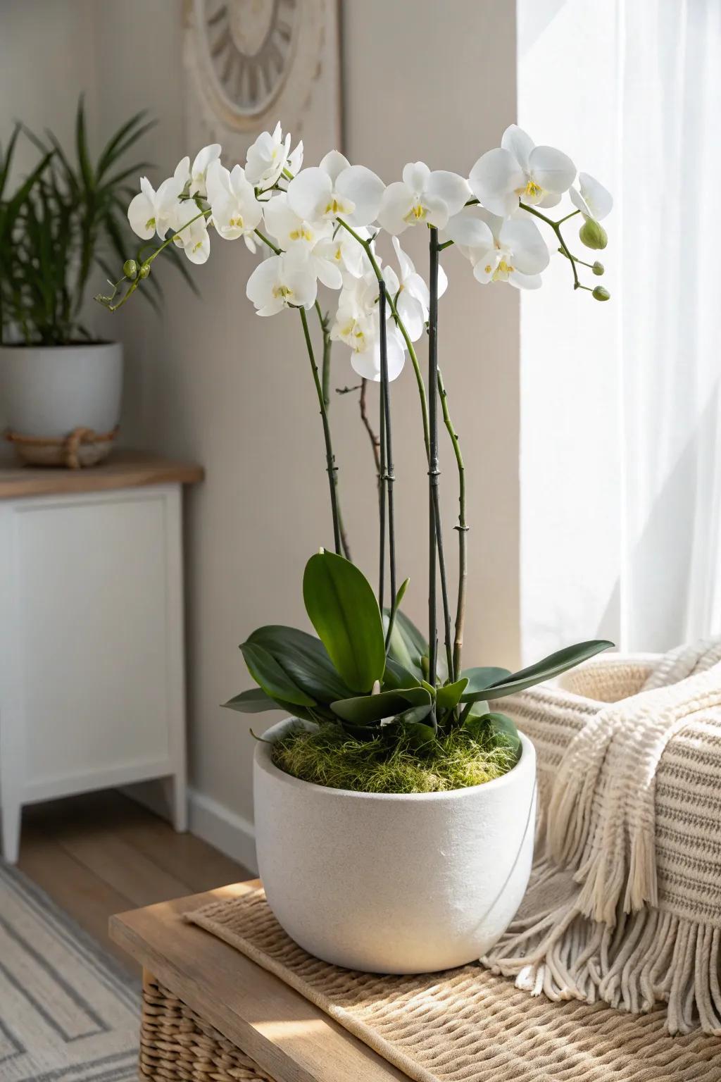 Cluster orchids in one oversized pot and top with moss for boutique-hotel drama in small spaces.