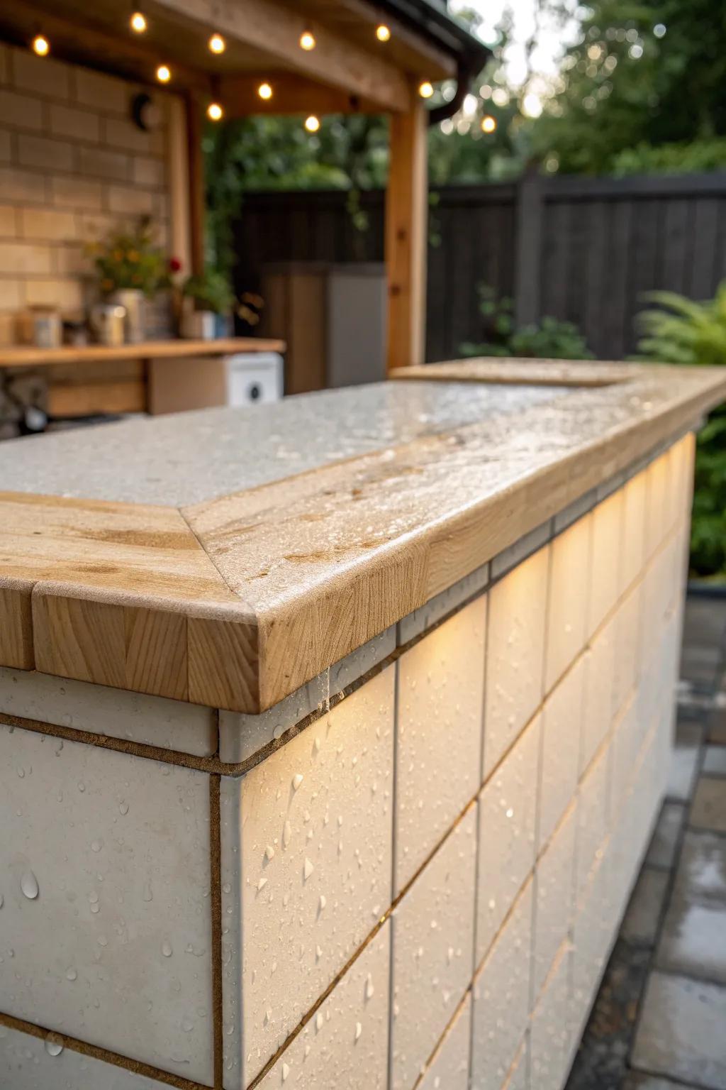 Handmade tile bartop that wipes clean in seconds—perfect for effortless outdoor hosting.