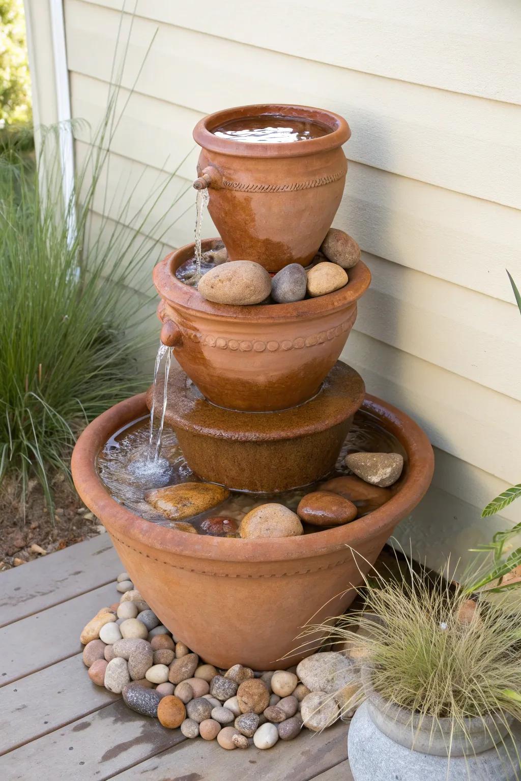 Cozy stacked pot fountain for a small outdoor corner—simple, handcrafted, and serene.