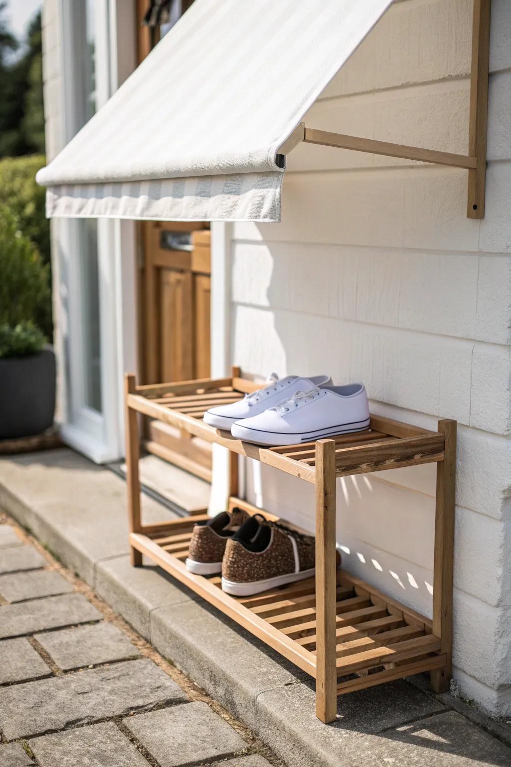 Tuck a slim wooden shoe rack under an awning—simple, dry storage that keeps dirt outdoors.