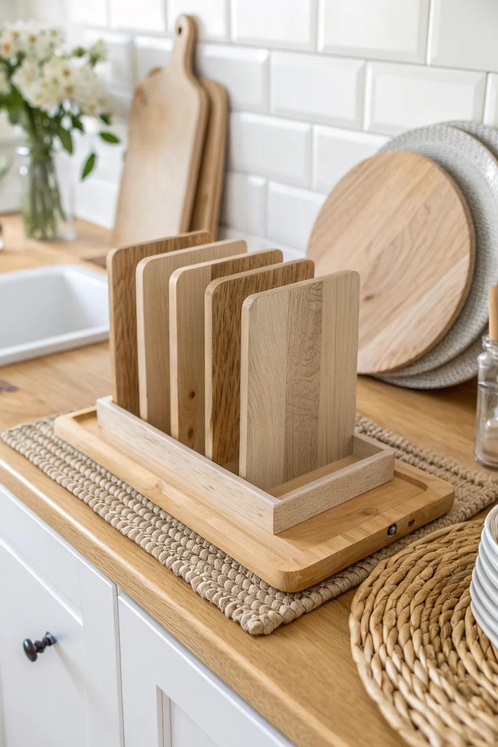 A slim vertical tray divider keeps sheets and boards organized—perfect for small kitchens.