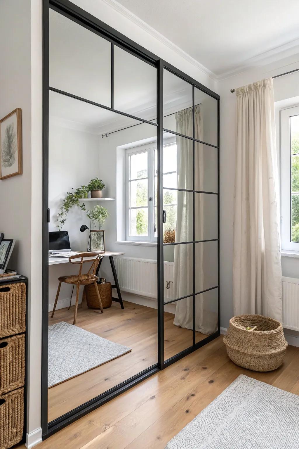 Matte black grid overlay turns mirrored closet doors into a sleek, architectural statement.