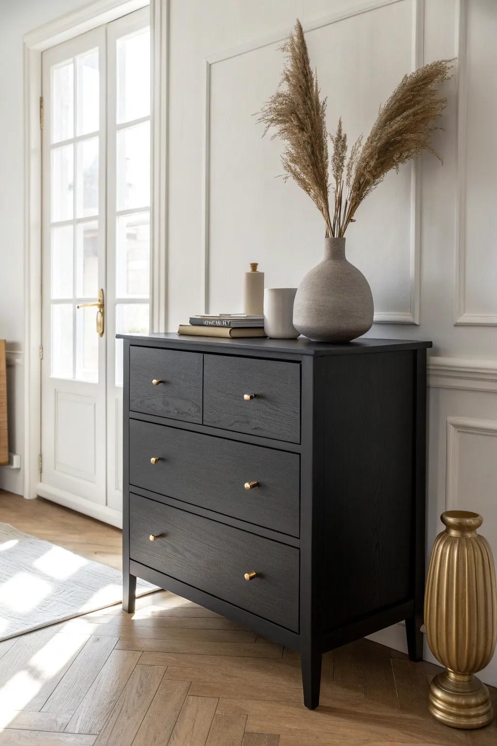 Matte black chest + bright brass pulls—sleek, space-smart storage with a chic glow.
