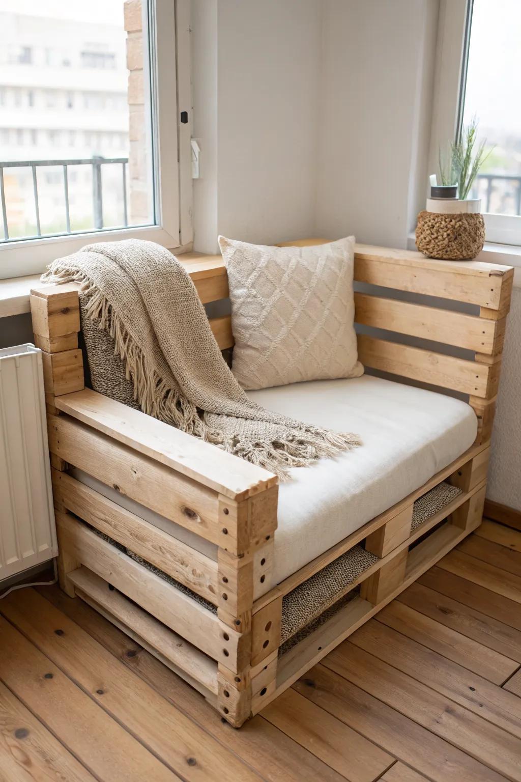 A cozy L-shaped pallet chair that turns an awkward balcony corner into a calm, wind-sheltered nook.