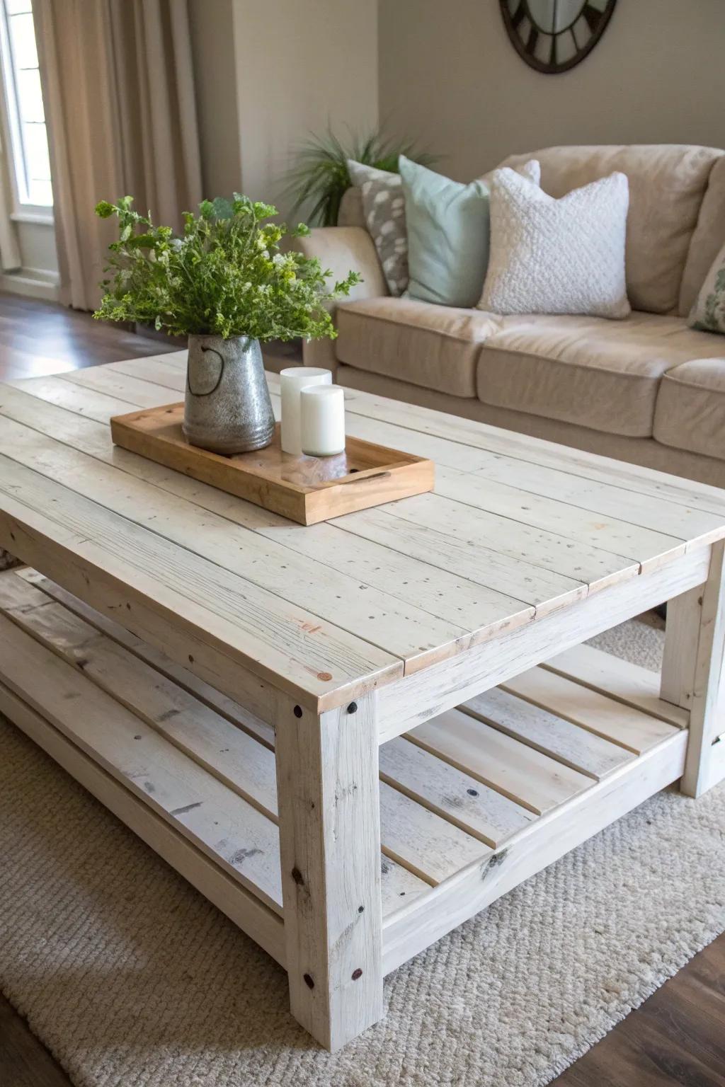 Embrace rustic charm with this whitewashed pallet coffee table, the perfect centerpiece for a serene living space.