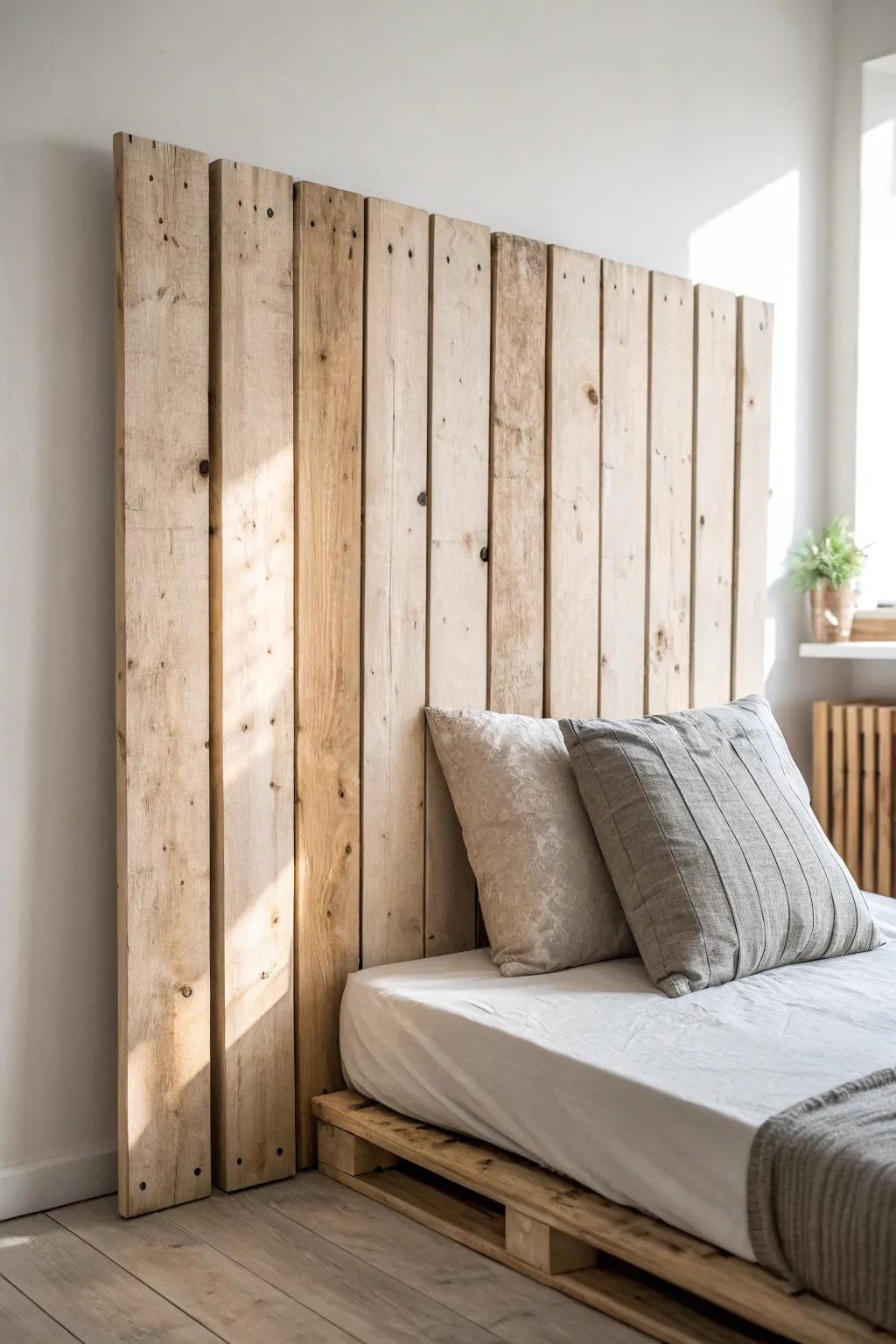 Vertical pallet planks in a matte finish—an easy headboard that makes small rooms feel taller.
