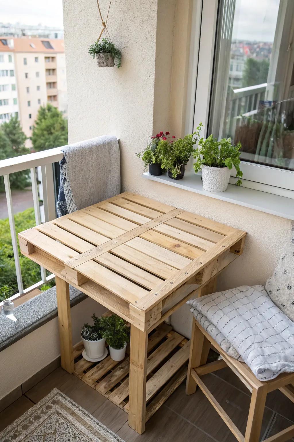 Tiny balcony? Build a compact pallet dining table with inset legs for comfy knee space.