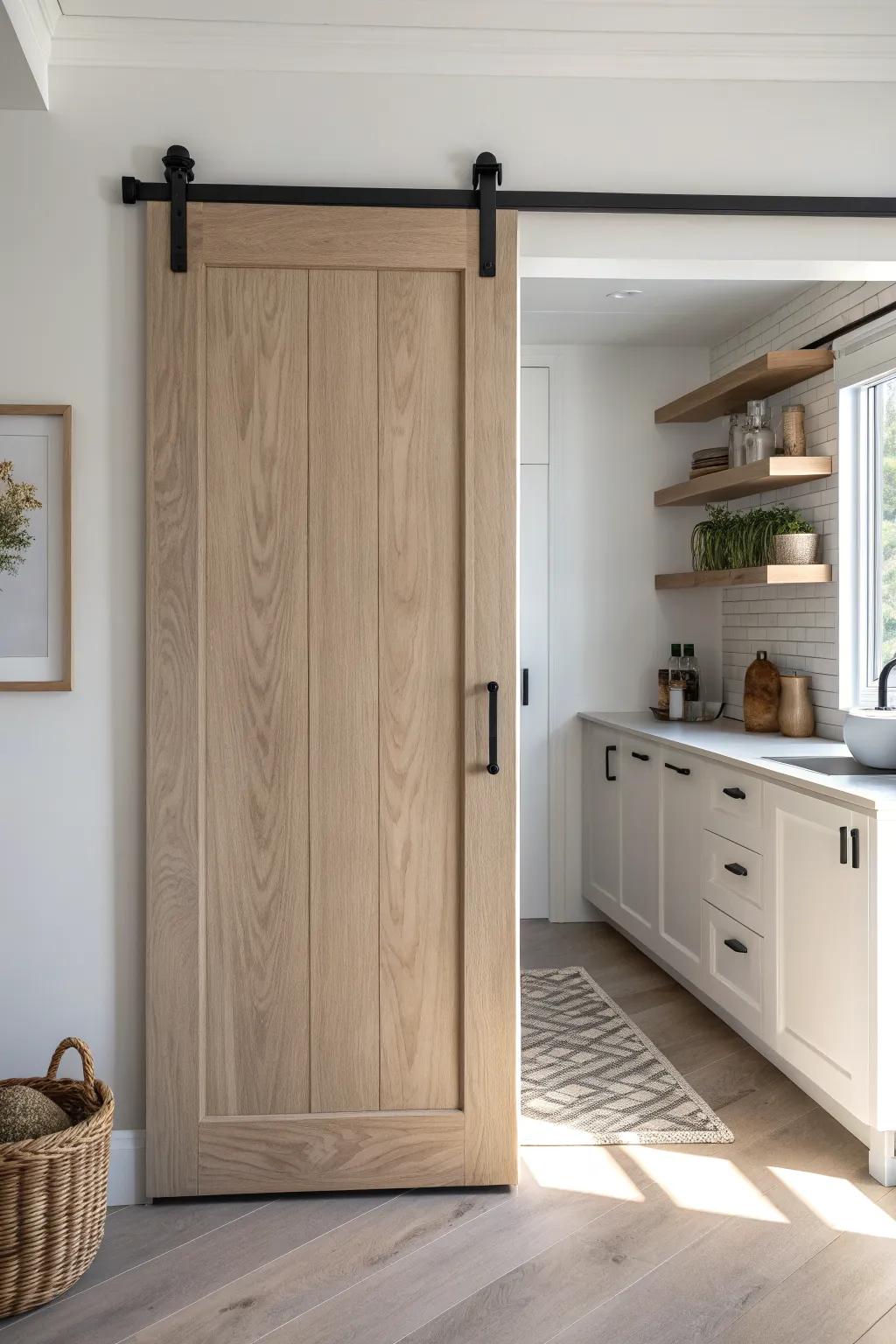 Sleek flat‑panel barn door that saves space—modern lines, warm wood, zero rustic vibe.