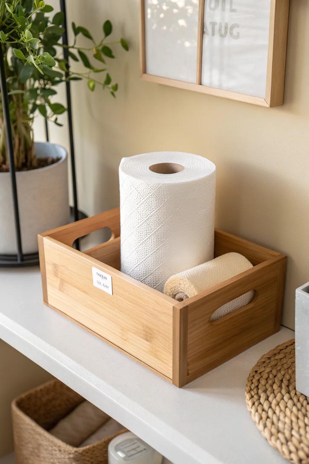 A dedicated pantry bin keeps paper towels upright, tidy, and easy to restock in small spaces.