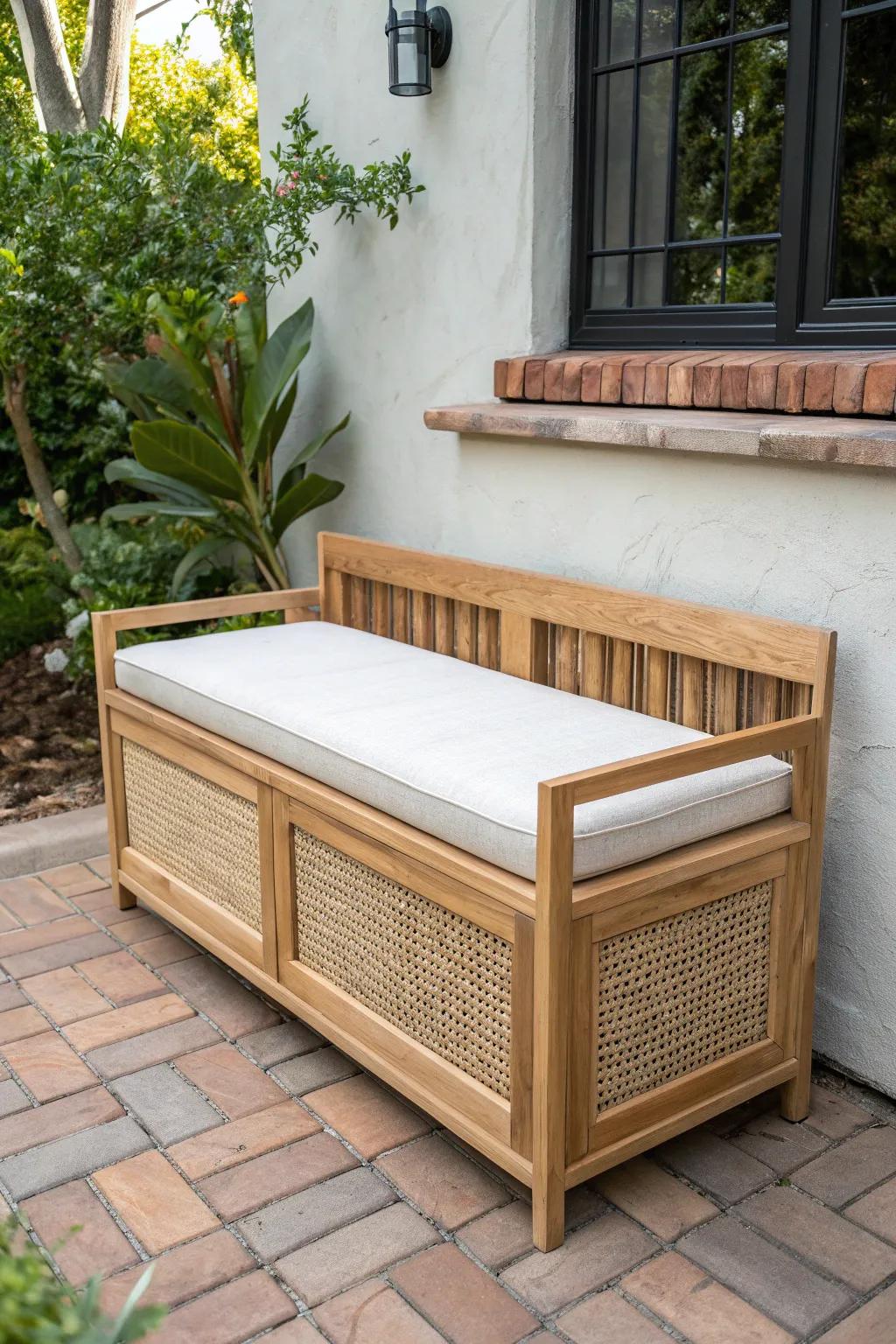 A sleek storage bench keeps a tiny patio tidy—stash cushions inside and sit in style.