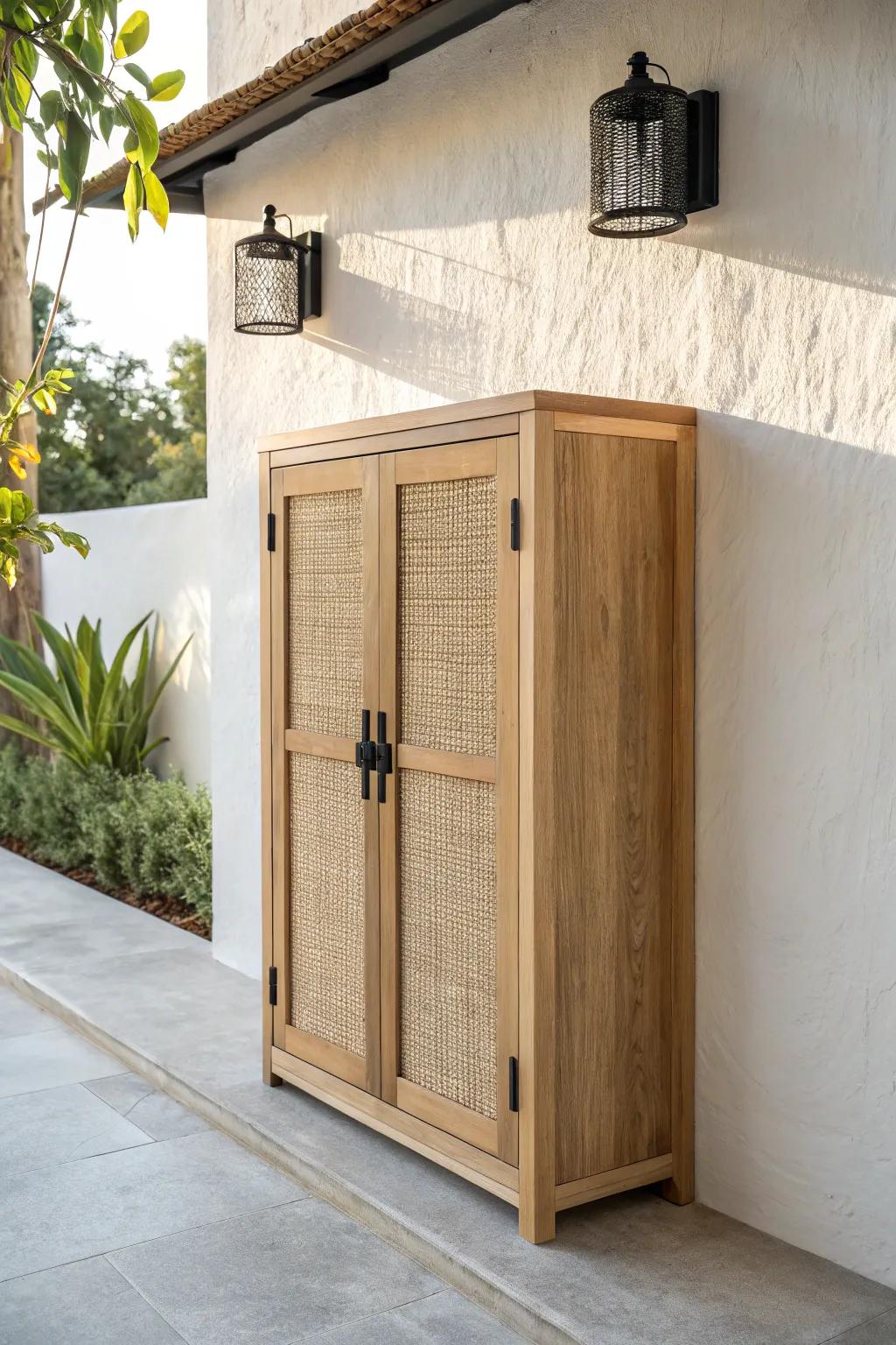 A sleek wall-mounted patio cabinet hides cleaners and gloves, keeping floors clear for easy rinsing.