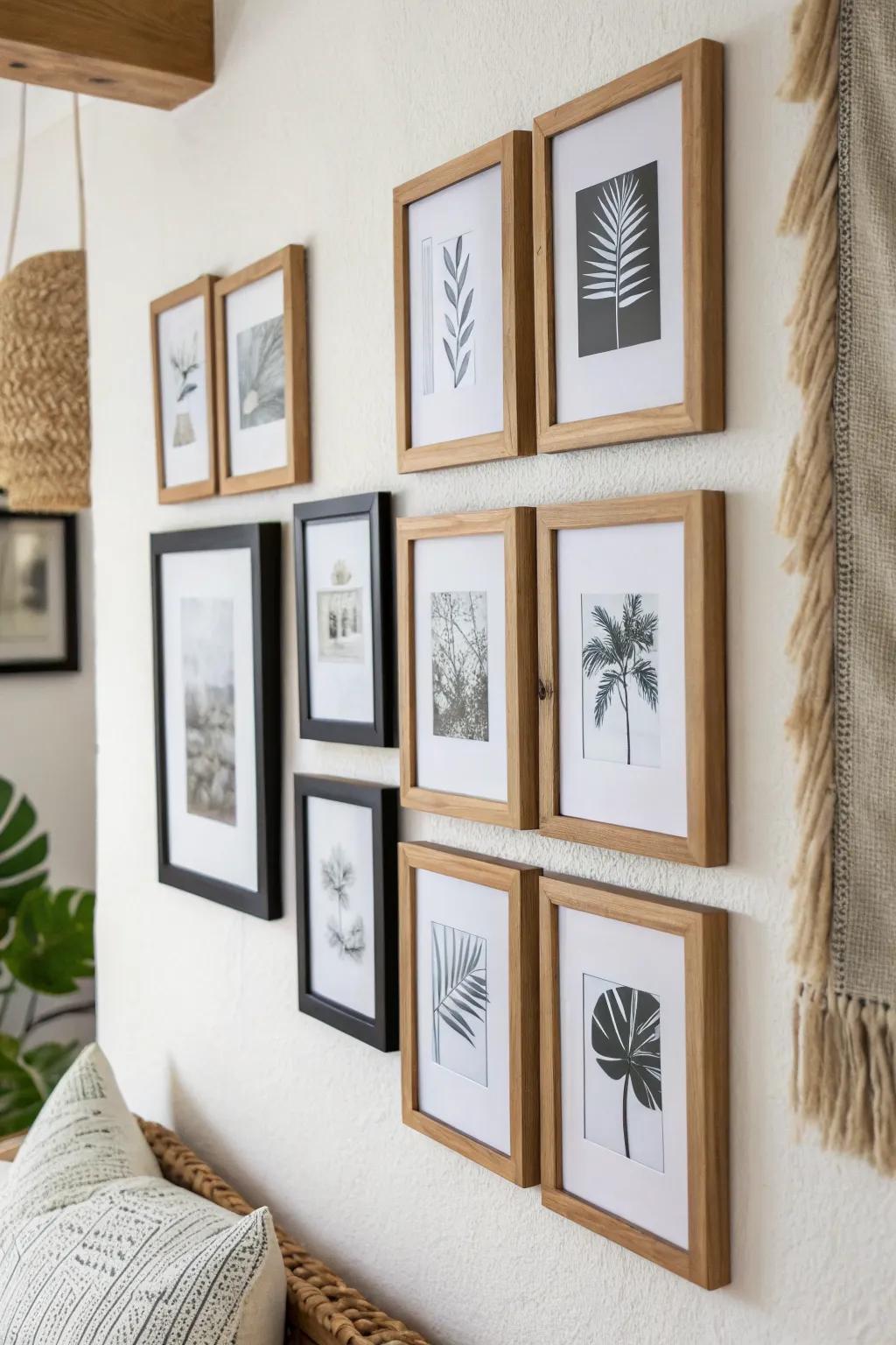 Frames hung almost touching read as one calm statement—perfect for making a tiny wall feel intentional.