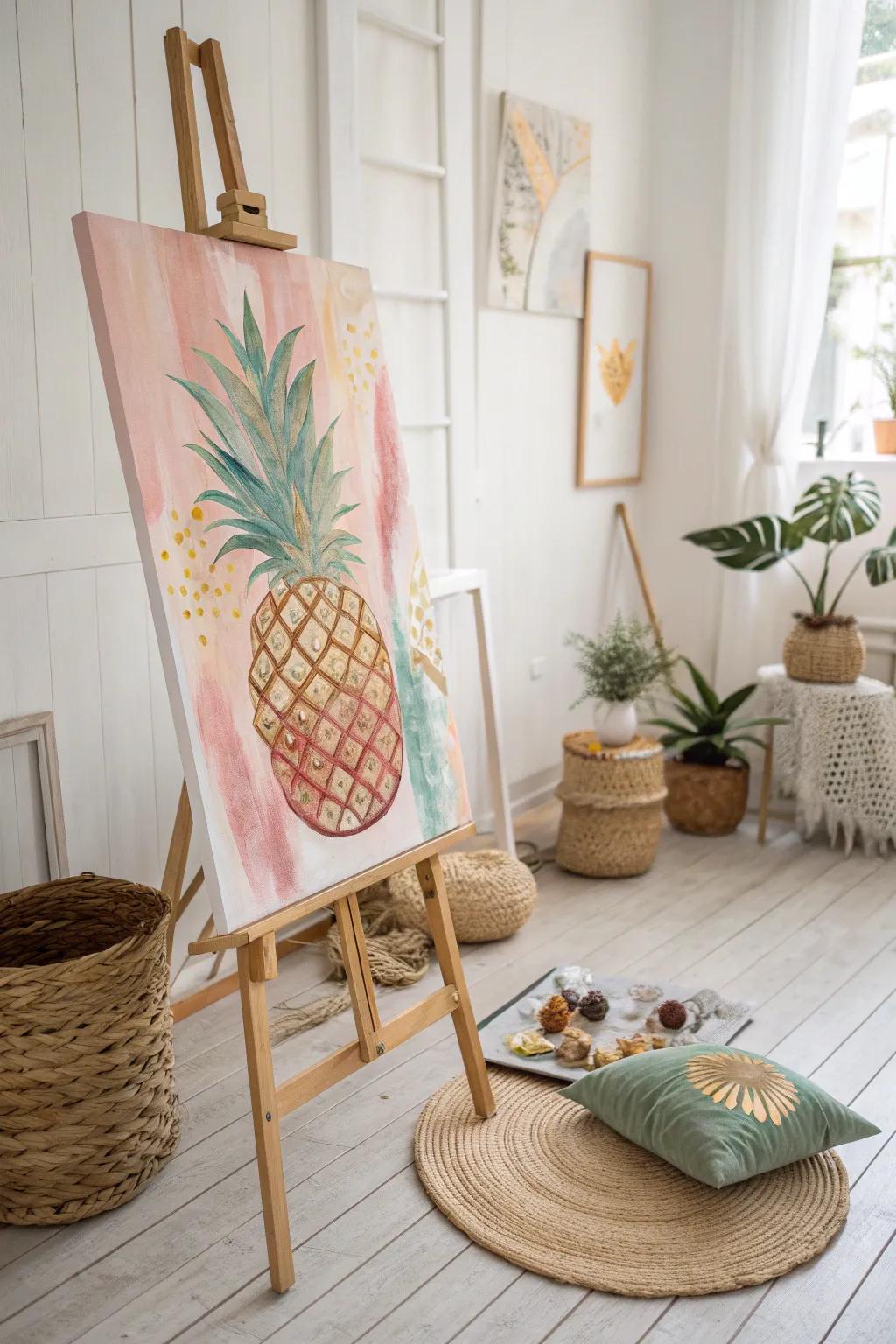 Dive into creativity with an abstract pineapple painting that brings a splash of color to minimalistic elegance.