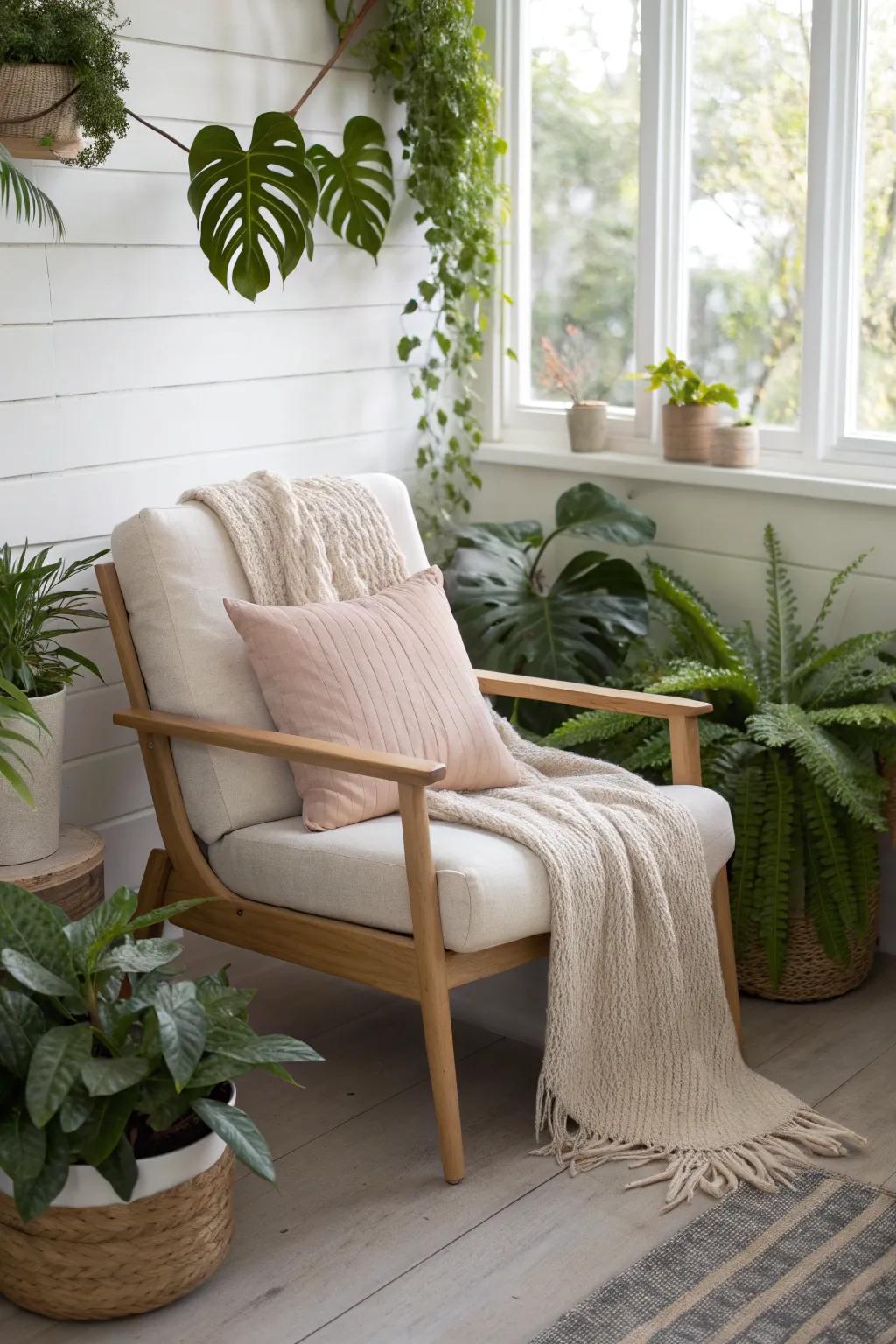 A comfy chair tucked into lush greenery—your small-space reading nook plant corner escape.