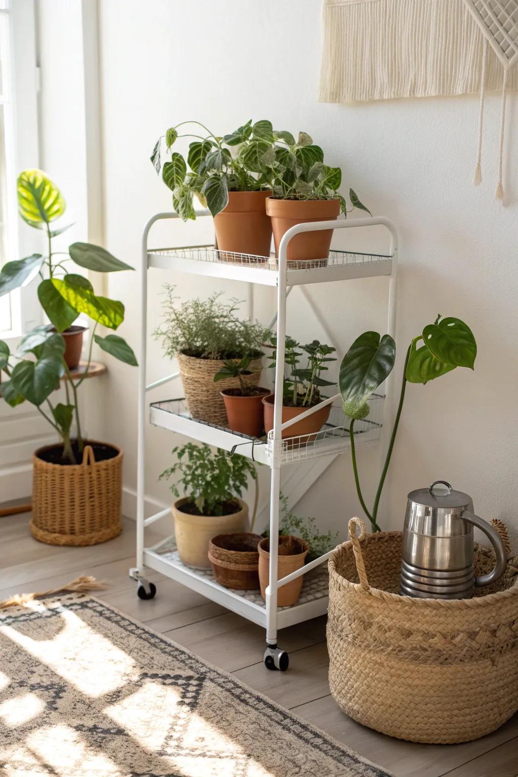 A slim rolling cart plant station—easy to chase the light and keep watering tidy.