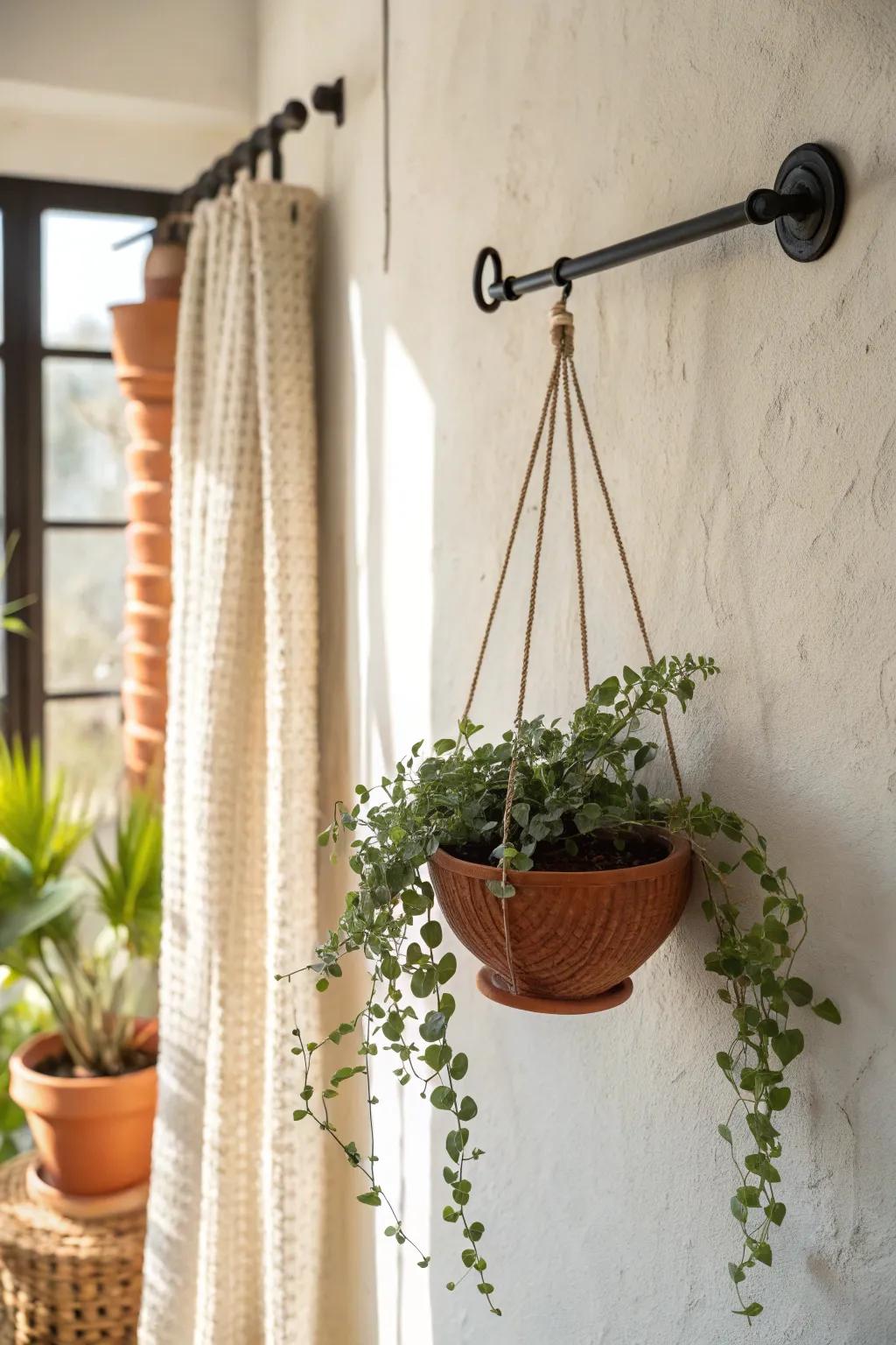 A sleek wall rail + S-hook planter: adjustable greenery that brightens tight hallways.