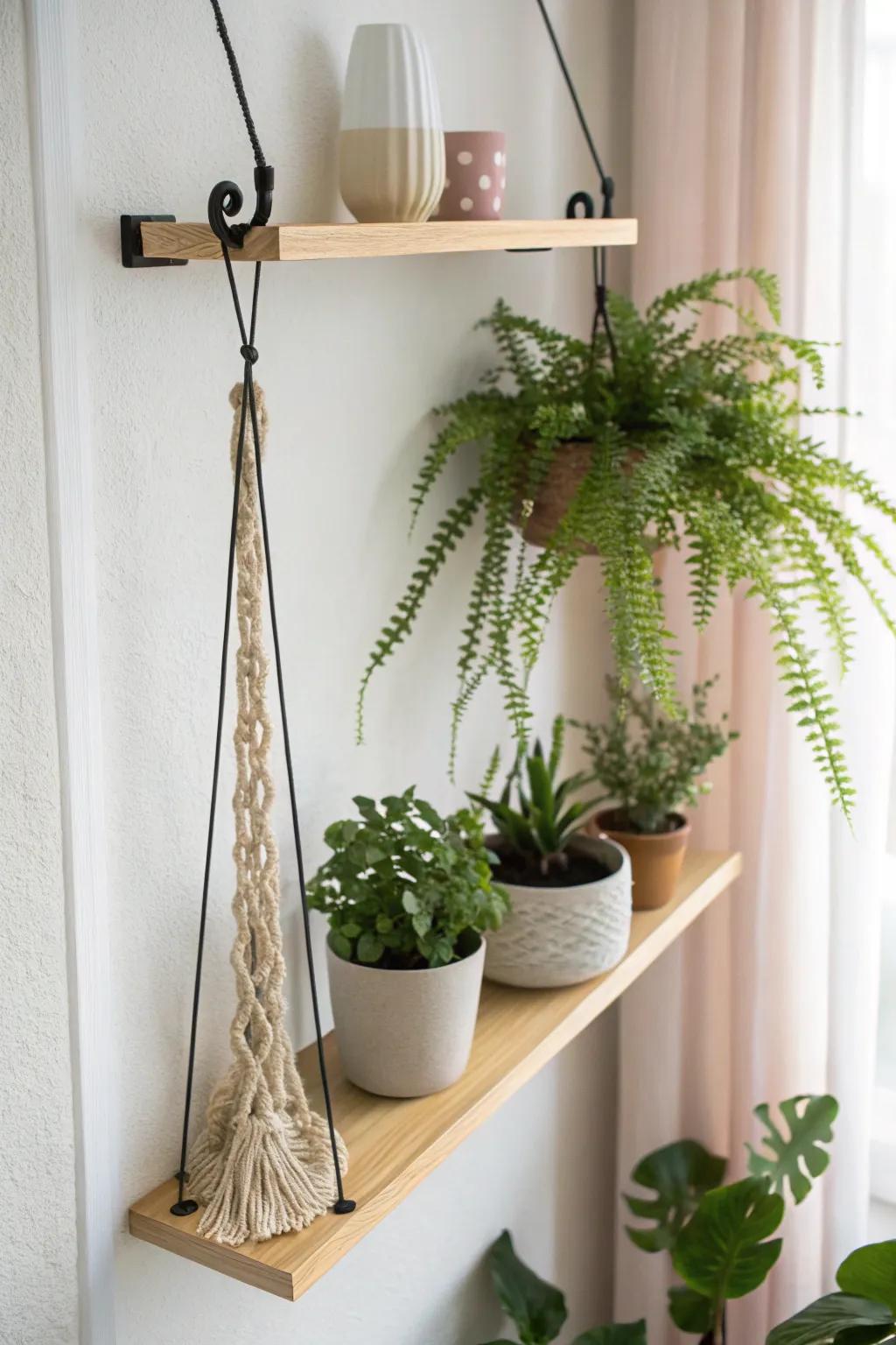 A shelf-and-hook combo turns tight walls into a lush plant moment—without crowding your entry.