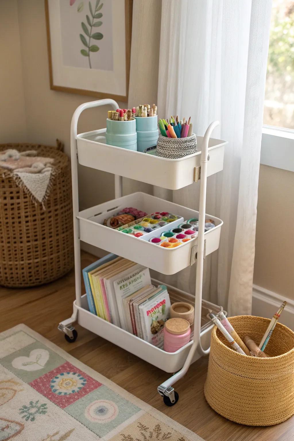 A slim rolling cart keeps craft chaos sorted—clean supplies up top, glittery mess down low.
