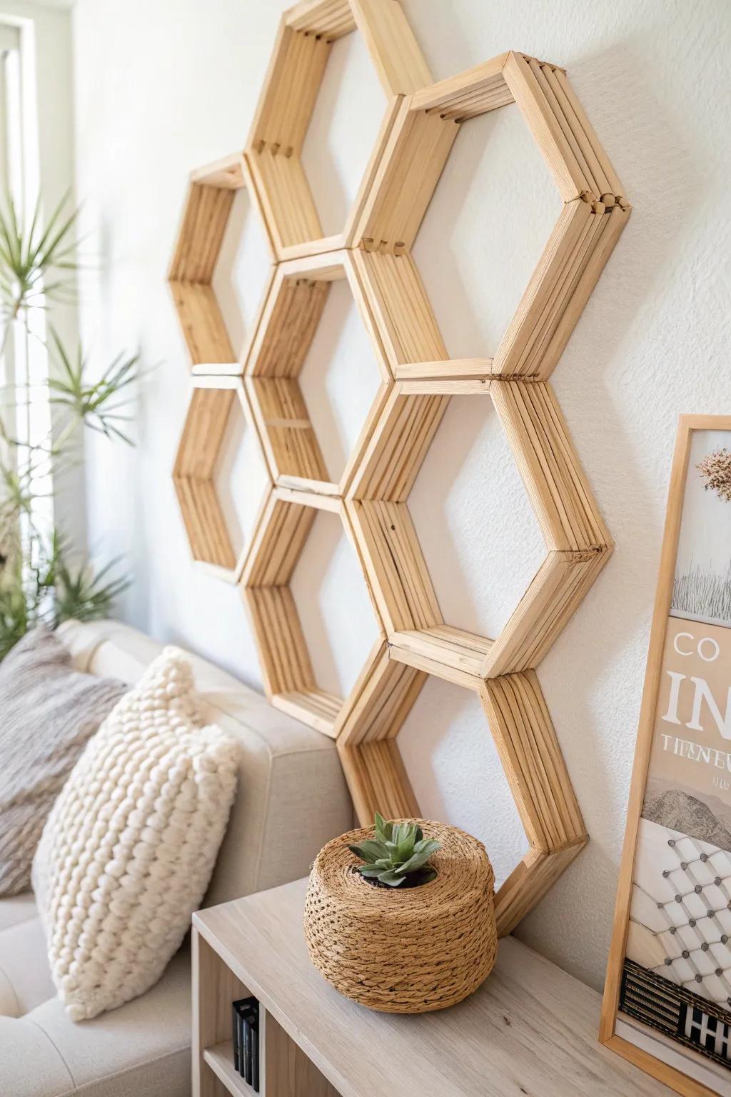 Elevate your space with this stunning honeycomb shelf, where minimalist design meets bohemian charm.