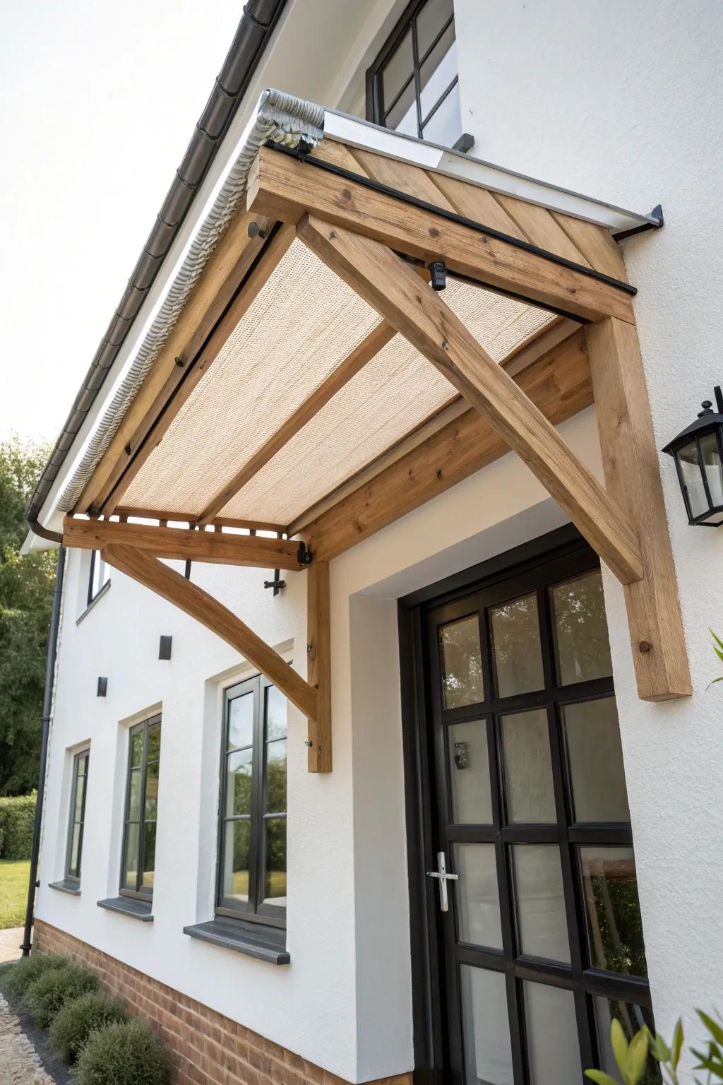 Wide, gentle pitched porch canopy—minimal oak + black steel for stylish, splashproof coverage.