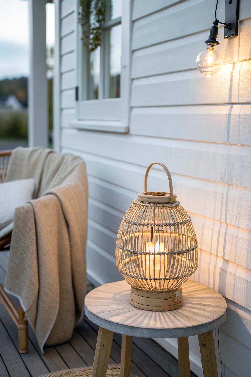 Layer your porch glow: a warm lantern below + soft overhead light for instant coziness.